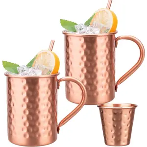 Pure Copper Cups Set of 2 - Moscow Mule Mugs with Copper Straws and Jigger - Cup for Cold Drinking - Hand Hammered Mug Gifts for    Coffee Drink Party Bar 14oz