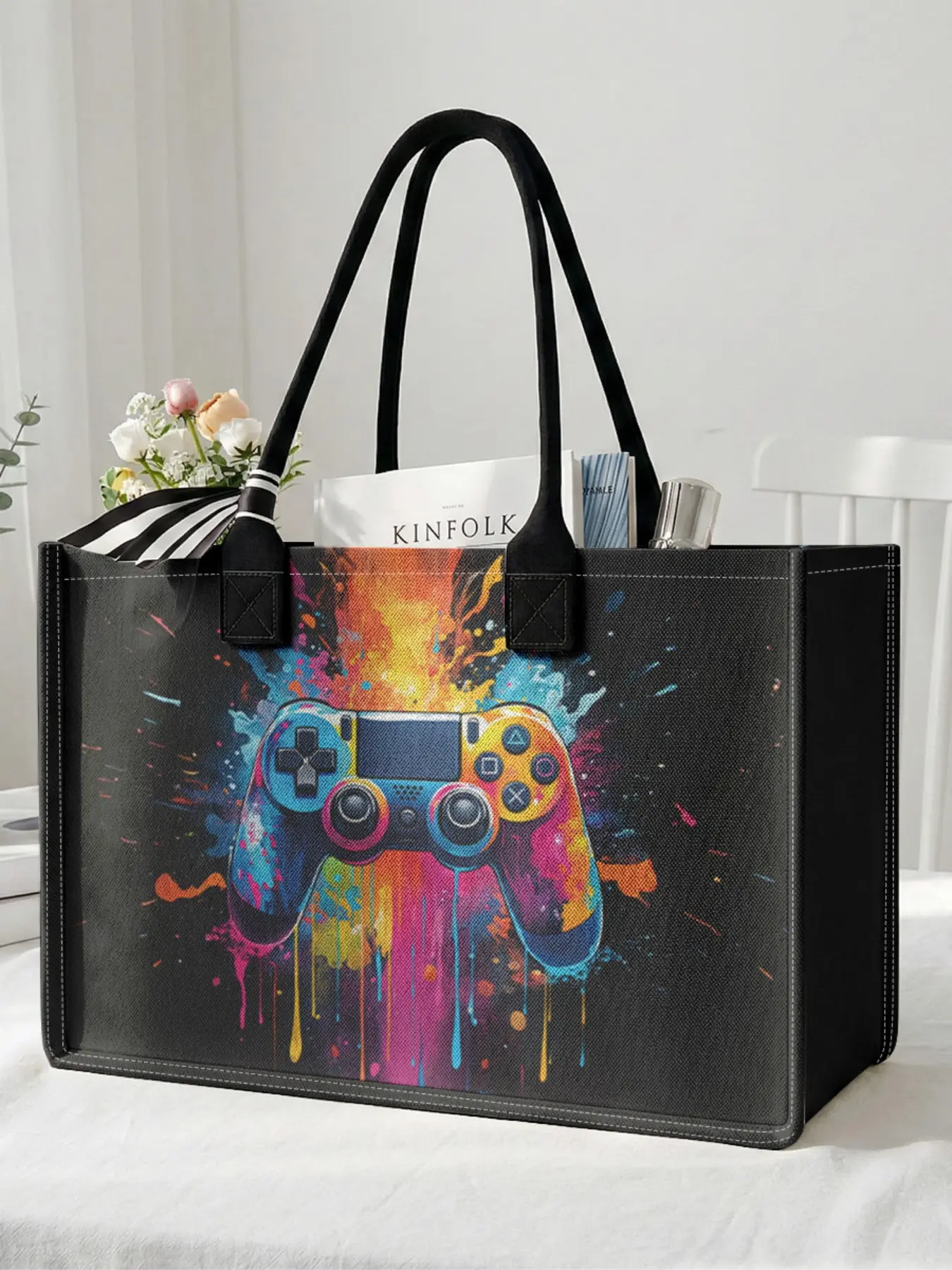 1 piece of gaming controller colorful pattern 2D printed large capacity storage bag, extra large storage bag, sturdy handle, space-saving multi-purpose, suitable for use at school, on business trips, and shopping