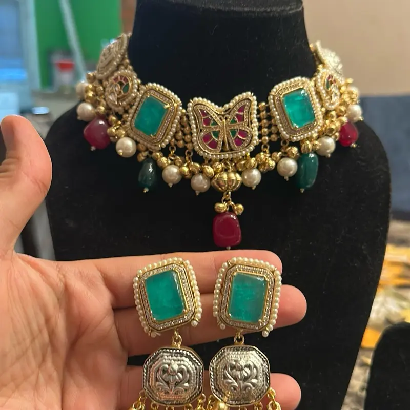 Beautiful Premium Brass Pachi Necklace Set with Turquoise Stones and Gold Tassels
