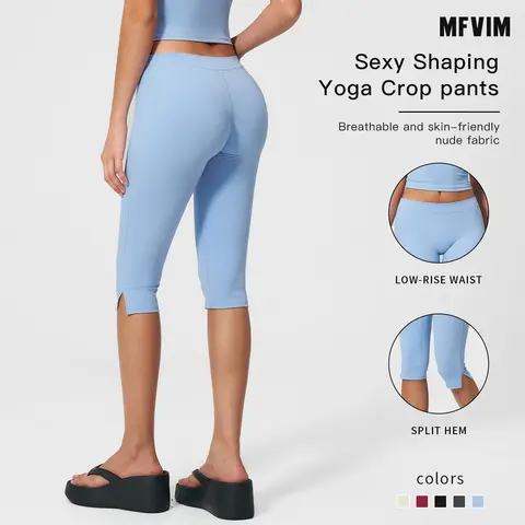 MFVIM Women’s New Low-Waist 3-Quarter Length High-Stretch Slim-Fit Yoga Pants with Slit, Athletic Wear Shorts for Skinny, Sports, Stretchy Athletic & Workout Gym Use, Skinny Shorts