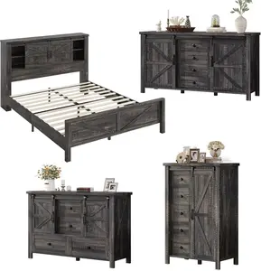 AMERLIFE 4-Piece Farmhouse Bedroom , Bed Frame with Bookcase Headboard, 5-Drawer Tall Dresser, 47'' Dresser with 4 Drawers, 60" Dresser with 4 Drawers