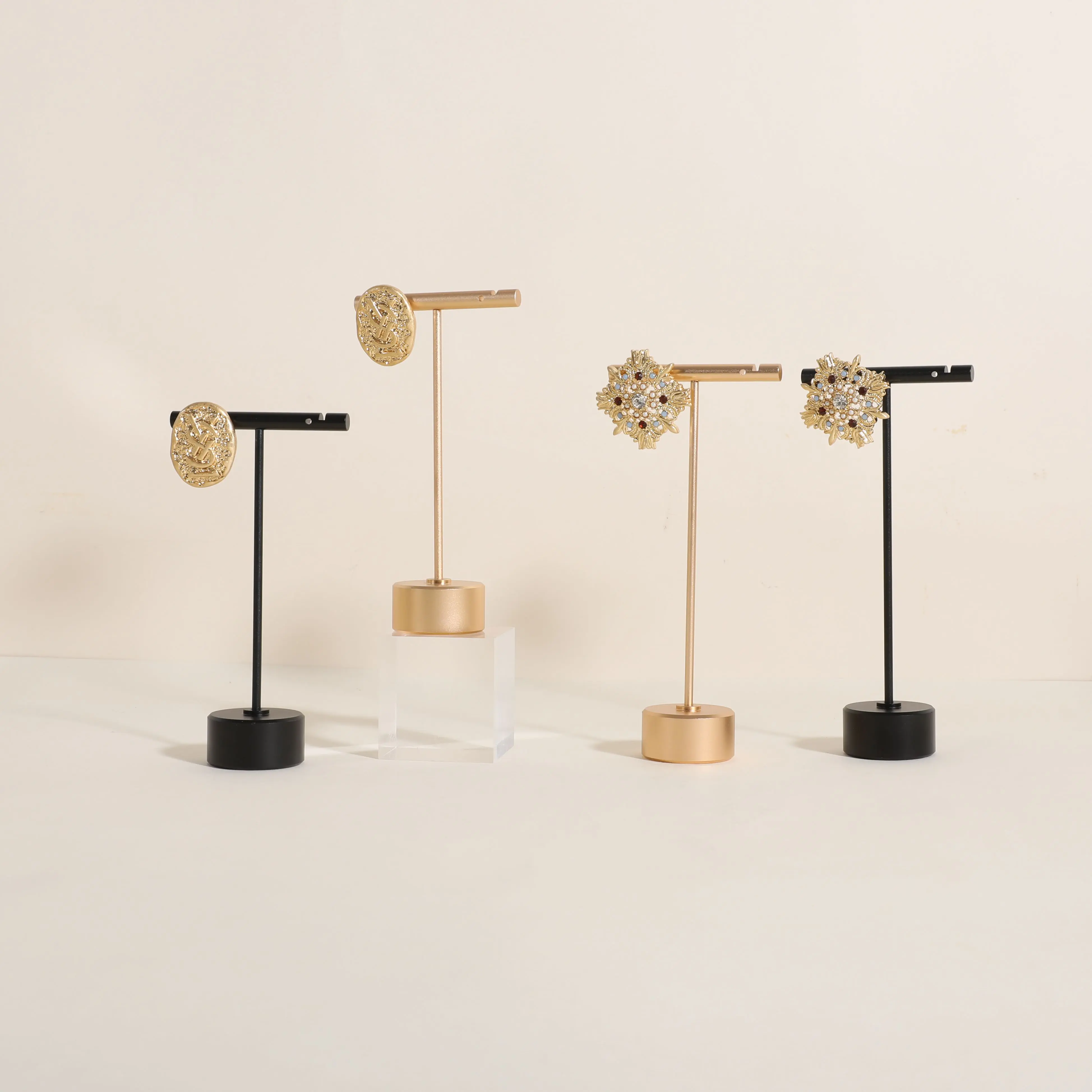GemeShou Pure Metal earring T bar holder for show, earring display stand for selling, Jewelry earring storage organizer, jewelry photography props with Round base
