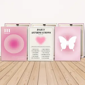 3 Counts Wooden Framed Canvas, Pink Positive Affirmations And Butterfly Wall Art Images, Exquisite Poster, Perfect Living Room Decoration, Modern Art, Fashion Family Poster, Wall Art Decoration, Odorless, Artwork