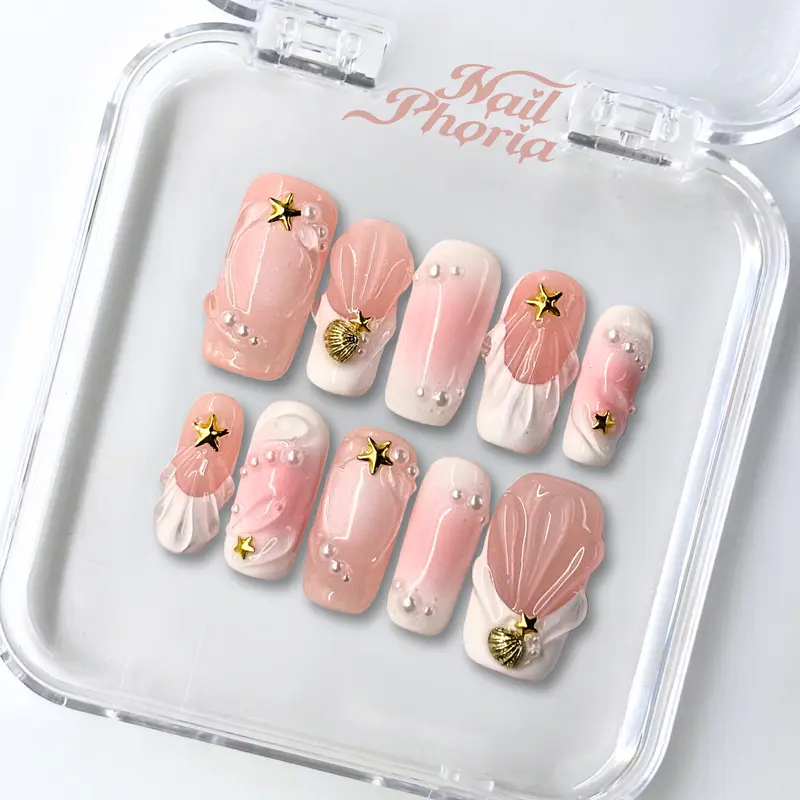 NailPhoria COASTAL BLUSH - Handmade Press-On Nails | Reusable, Salon-Quality, Long-Lasting, Glossy Design