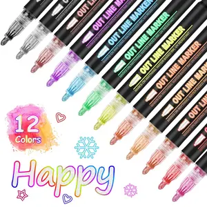 Outline Marker Self-outline Metallic Markers, 12 Colors Squiggles Shimmer Outline Markers Pen Set for Drawing Art School Supplies, Glitter Pen Set for Cards Lettering, Gift for 4-12 Year Old Girl