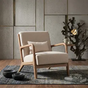 Solid Wood Accent Chair with Lumbar Pillow, Breathable Linen Upholstered Leisure Chair, Anti-Slip Retro Side Chair for Living Room Bedroom Home Decor