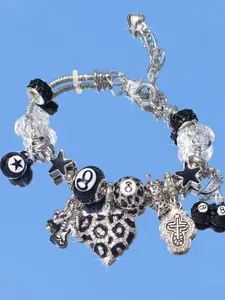 Dark Gothic Leopard Print Heart Cross Charm Bracelet, Dark Star DIY Bracelet, Dark Cherry Star Bracelet, Music Festival Bracelet, Fashion Bracelet