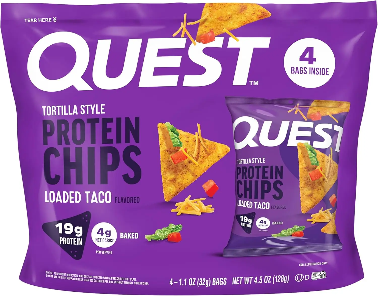 Nutrition Loaded Taco Tortilla Style Protein Chips, 19g Protein, 4g Net Carb, Low Carb, Gluten Free, 1.1 oz (Pack of 4)