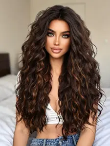 22-Inch Deep Caramel Highlights Long Curly Synthetic Wig, Natural Look, Heat-Resistant, Loose Waves, Suitable for Daily and Parties