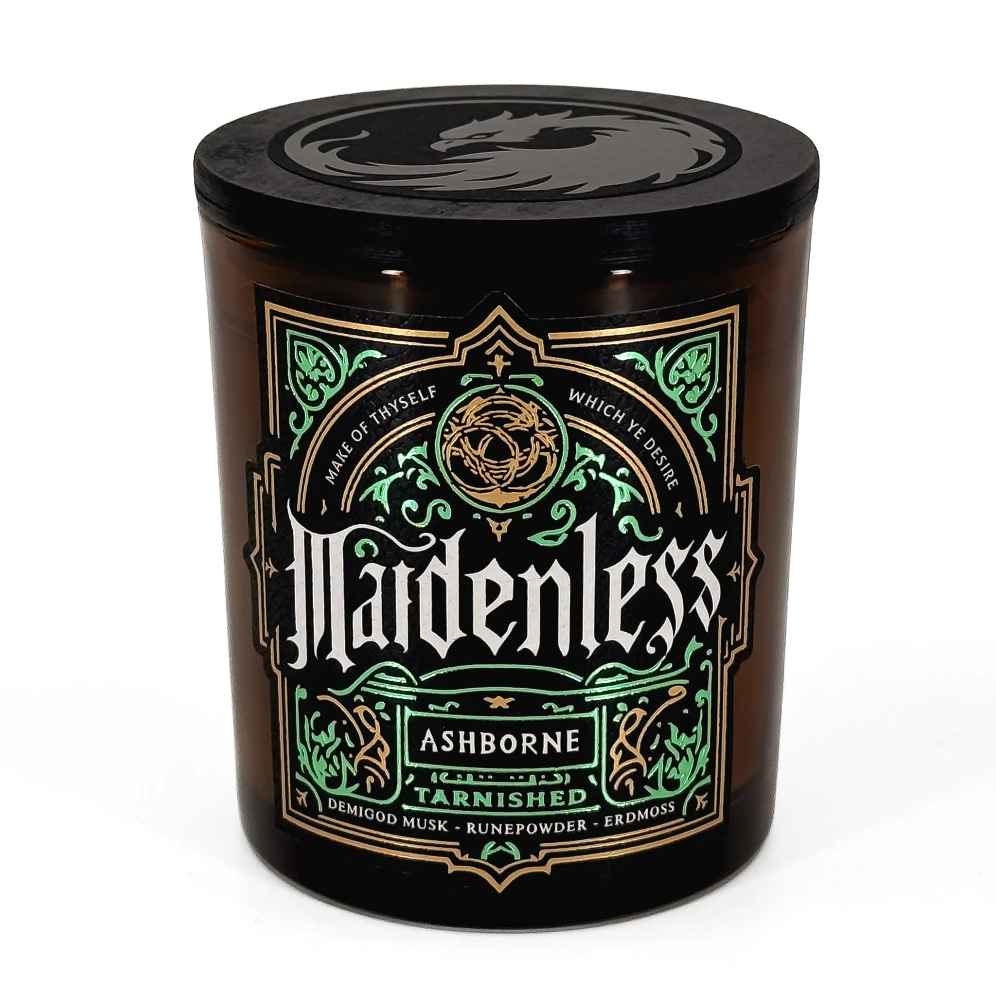 Maidenless - Elden Ring Inspired Scented Candle - Erdmoss, Runepowder, Demigod Musk - Natural Coconut Wax - 35h Burn Time - Gaming Decor and Fragrance