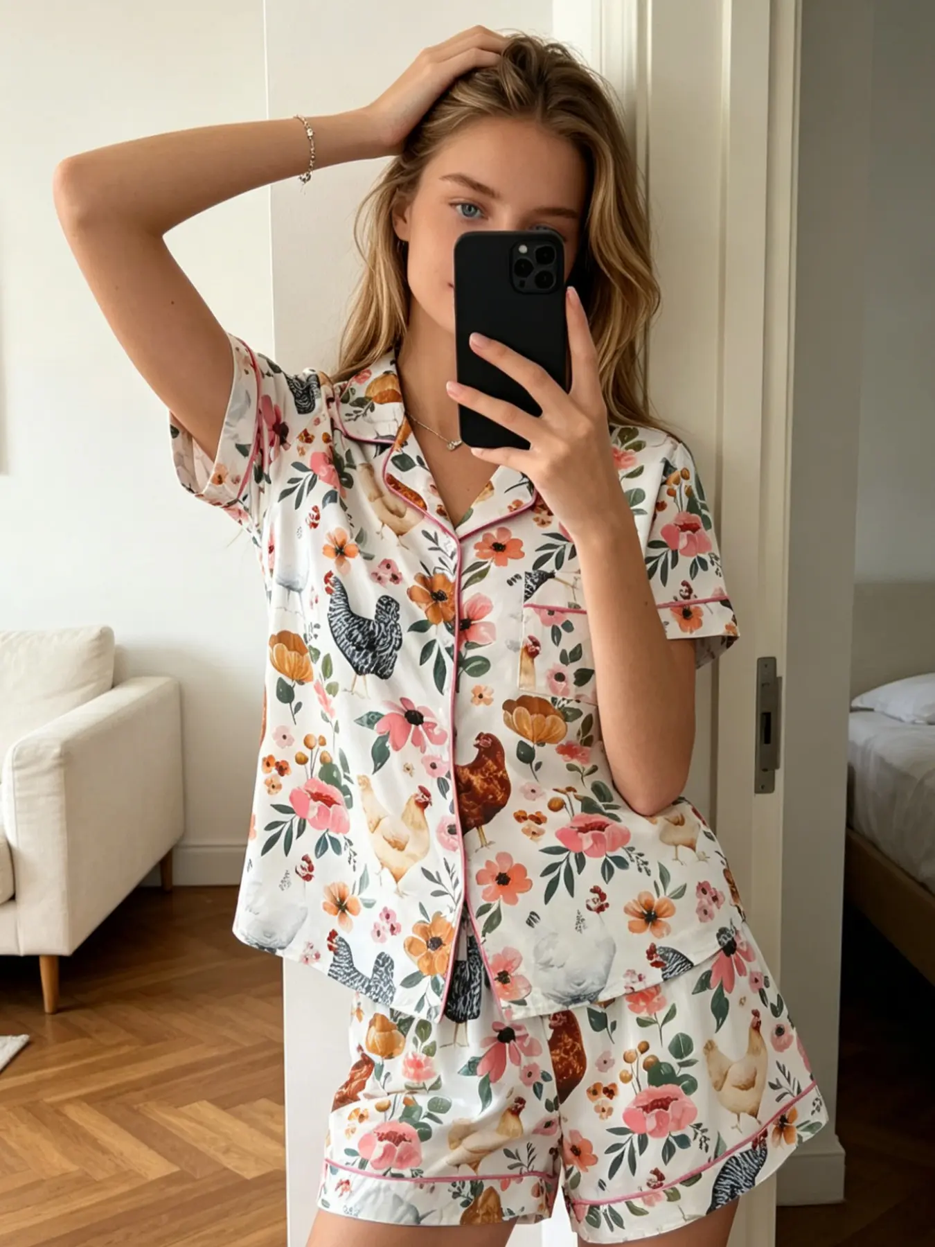 Women's Pajamas Set Cottagecore Aesthetic Watercolor Farmhouse Chicken Lover Chicken Floral Flower Print Button Down Short Sleeve Silky Milk Silk Soft Relaxed Fit 2 Piece Cute Nightwear Loungewear Set Lounge Pajama Style Loose Fit Sleepwear for Women Pjs