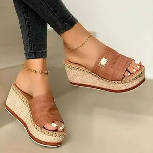 QRLQGY Women's Summer Wedges Slippers Platform High Heels Fashionable Clog Sandals for Parties - Plain Design, PU Material, Slip-On Closure - Footwear