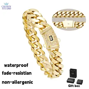 Crown Studio 14K Gold-Plated Cuban Bracelet with Classic White Stone Inlay 6mm-14mm 7.5/8.5 Inches Waterproof Fade-Resistant Non-Allergenic Gift Box Included