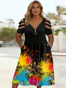 Summer Plus Size Dress, Casual Sleeveless Dress, Colorful Ink Print, V Neck Zipper, Shoulderless Design, Practical Pockets, Casual Fashion Style for Women, Womenswear