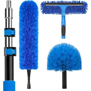 20ft High Reach Duster Kit with 5-12ft Telescoping Extension Pole - Cobweb Duster, Window Squeegee with Scrubber, Spider Web Brush, Ceiling Fan Duster for High Window & Interior Roof