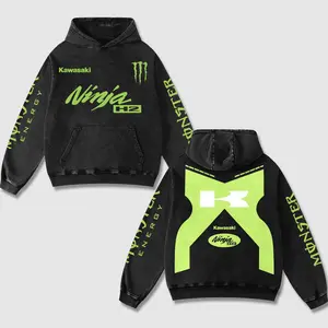 Retro Monster Energy x Kawasaki Ninja H2 Racing Washed Hoodie MotoGP World Champion Enthusiast Apparel Streetwear Racing Team Super Motorsports Clothing Riders Motocross Off-Road Dirt Bike Fan Gear Cotton