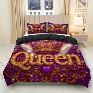 3PCS Duvet Cover Set, 1 Duvet+2 Pillowcases(Without filler), Royal Luxury Crown Gem Feather Purple theme, Christmas bedding set, Queen Embroidery Glamorous Suitable for decoration Bedroom, Guest Room, Hotel, Suite.