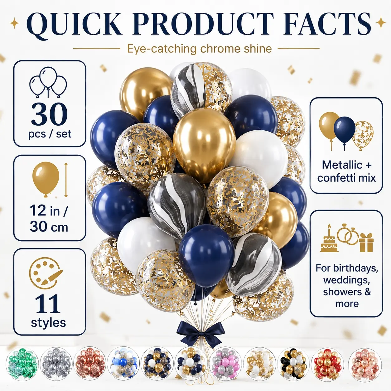 11 styles 30 Pcs Metallic Chrome Gold Balloons, 12 Inch Gold and Black Balloons for Balloon Garland or Balloon Arch as Party Decorations, Birthday Wedding Anniversary Graduation Bachelorette Engagement Bridal Shower Retirement Party Decorations