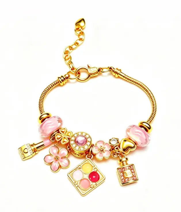 Gold Snake Chain Charm Bracelet for Women, Pink Enamel Flower Lipstick Perfume Palette Crystal Beads Dainty Jewelry Gift