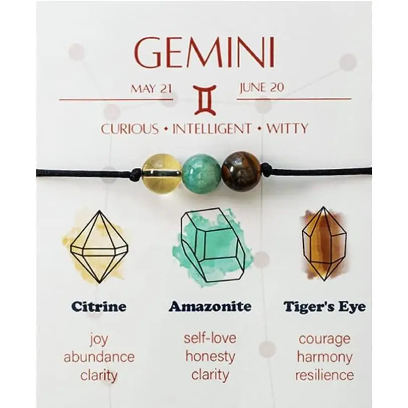 Zodiac Bead Bracelets - 3 Polished Birthstone Crystal Beaded Bracelets - Made of Real & Natural Gemstones, Adjustable 3-9.7” Black Rope - Jewelry for