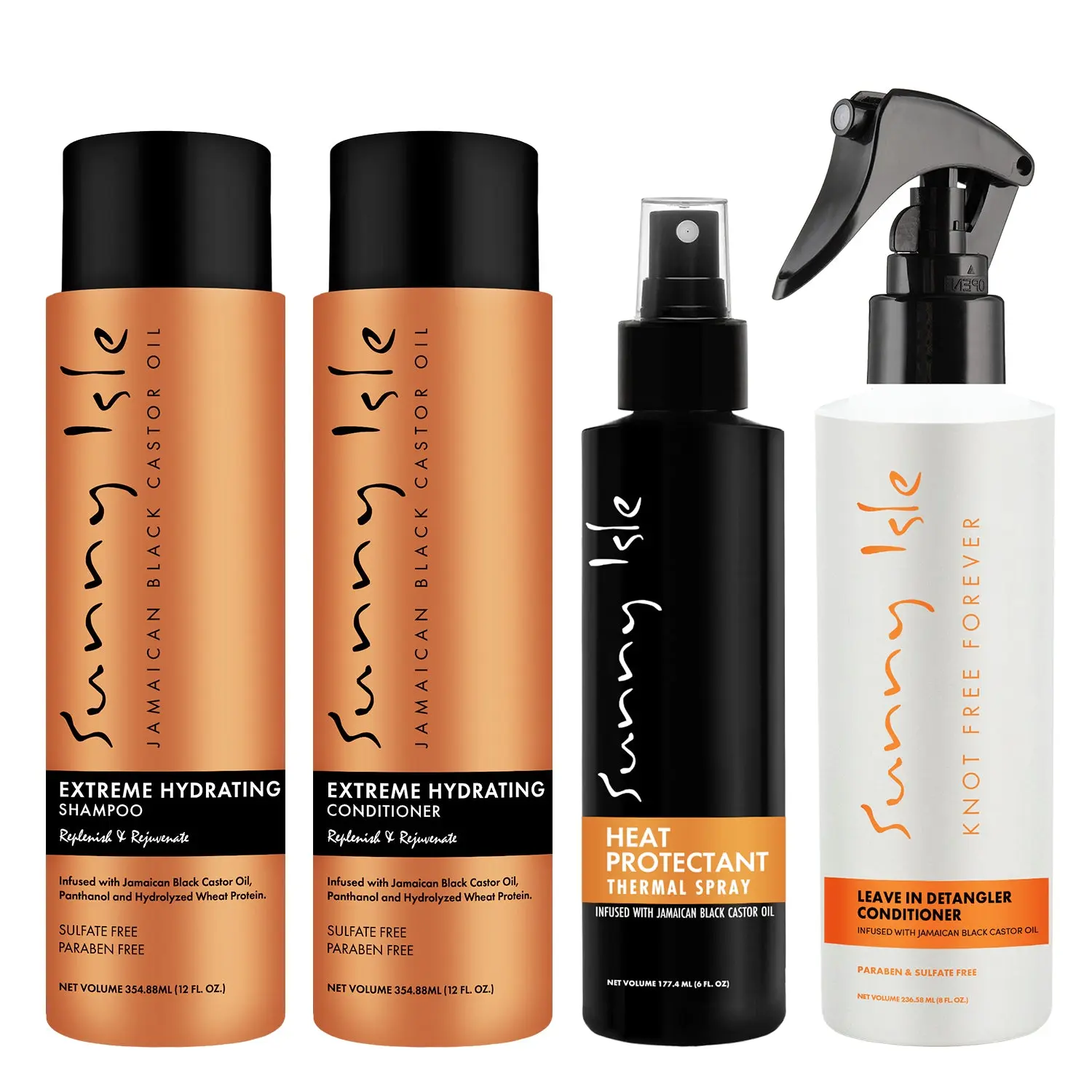 Sunny Isle Extreme Hydrating Shampoo, Conditioner, Heat Protectant & Leave In Detangler Bundle