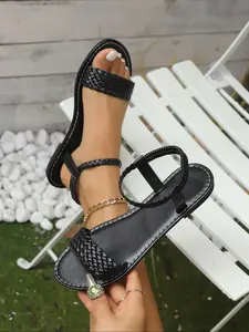 Women's Fashionable Plain Color Chain Decorated Slingback Sandals, Toe Sandals, Strap Sandals, Leather Sandals, Casual Comfortable Flat Sandals for Summer, Lightweight Breathable Shoes for Daily Wear, Ankle Strap Sandals, Open Toe Sandals, Girl