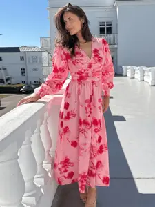 New Spring Summer French Retro Style V Neck Pleated Waist Dress, Women's Design Long Sleeve Midi Dress, Perfect for Dates and Vacations