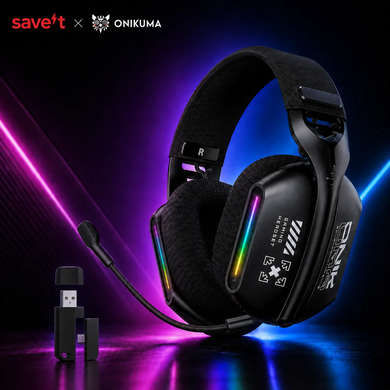 ONIKUMA GT808 Wireless Gaming Headset - 2.4G, Bluetooth 5.3, RGB Lighting, 3D Surround Sound, Esports Gaming Headset for PC, Laptops, Smartphone, Gaming Accessory, Game Console