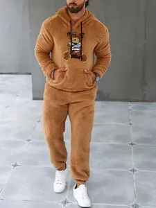 Men's Fleece Hoodie Set, Casual Long Sleeve Hooded Sweatshirt, Fashion Drawstring Kangaroo Pocket, Warm Home Wear, Embroidered Bear Design