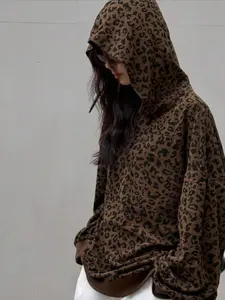 Women's Spring & Fall Corduroy Leopard Print Hoodie Jacket, Vintage Preppy Style, Loose Fit Long Sleeve Top, Soft Material, Casual Wear, Casual Hooded Sweatshirt