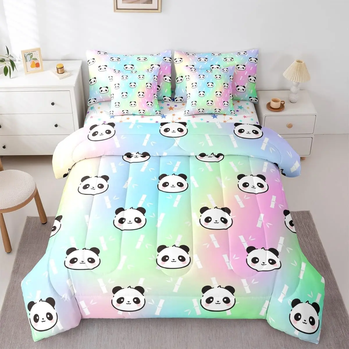 Cartoon 7 Piece Bedding Set,Pandas Comforter Set with Sheets,Kawaii Bamboo Cute Animal Rainbow Ombre Bed in A Bag
