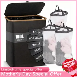 Foldable Premium Bamboo Laundry Hamper 160L 3 Breathable Mesh Bags Dirty Clothes Storage Organizer for Dorm Home Bedroom Laundry Organization