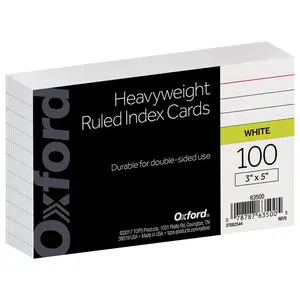 Oxford Heavyweight Ruled Index Cards, 3" x 5", White, 100 Per Pack