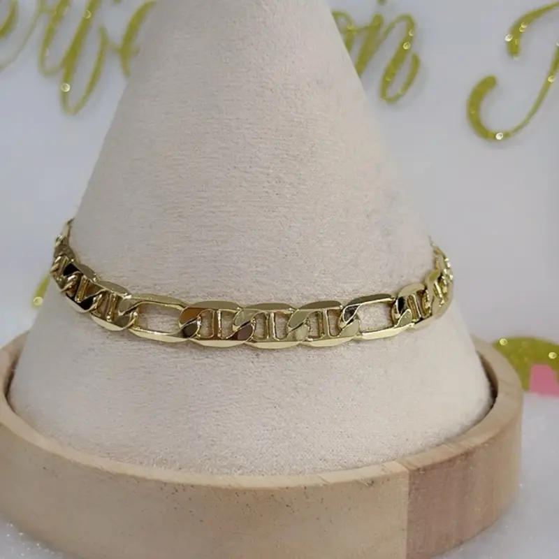 Elegant Figaro Mariner Bracelet #10200 14k Laminated Gold Hypoallergenic 3 Layers Protection 7.5 Inch Daily Use