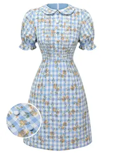 BLUE 1960S PUFF SLEEVE FLORAL PLAID DRESS Gingham Casual Feminine Aesthetic Button Korean Style
