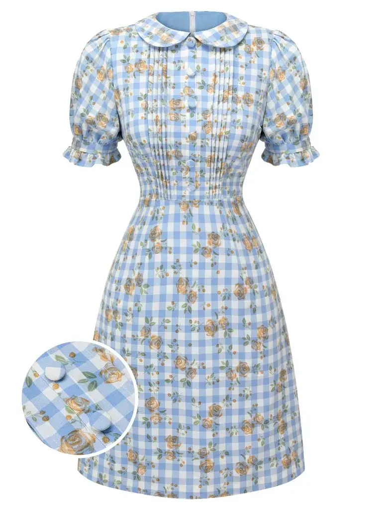 RETROSTAGE Women's 1960s Cottagecore Gingham Dress, Blue Puff Sleeve A-Line Mini with Rose Print, Peter Pan Collar and Button Detail, Flowers, Checkered Print, Picnics, Above Knee