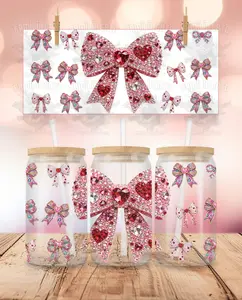 Valentine's Day - Rhinestone - Coquette Bows UVDTF Sticker Wrap For 16 oz Libbey Glass Cup