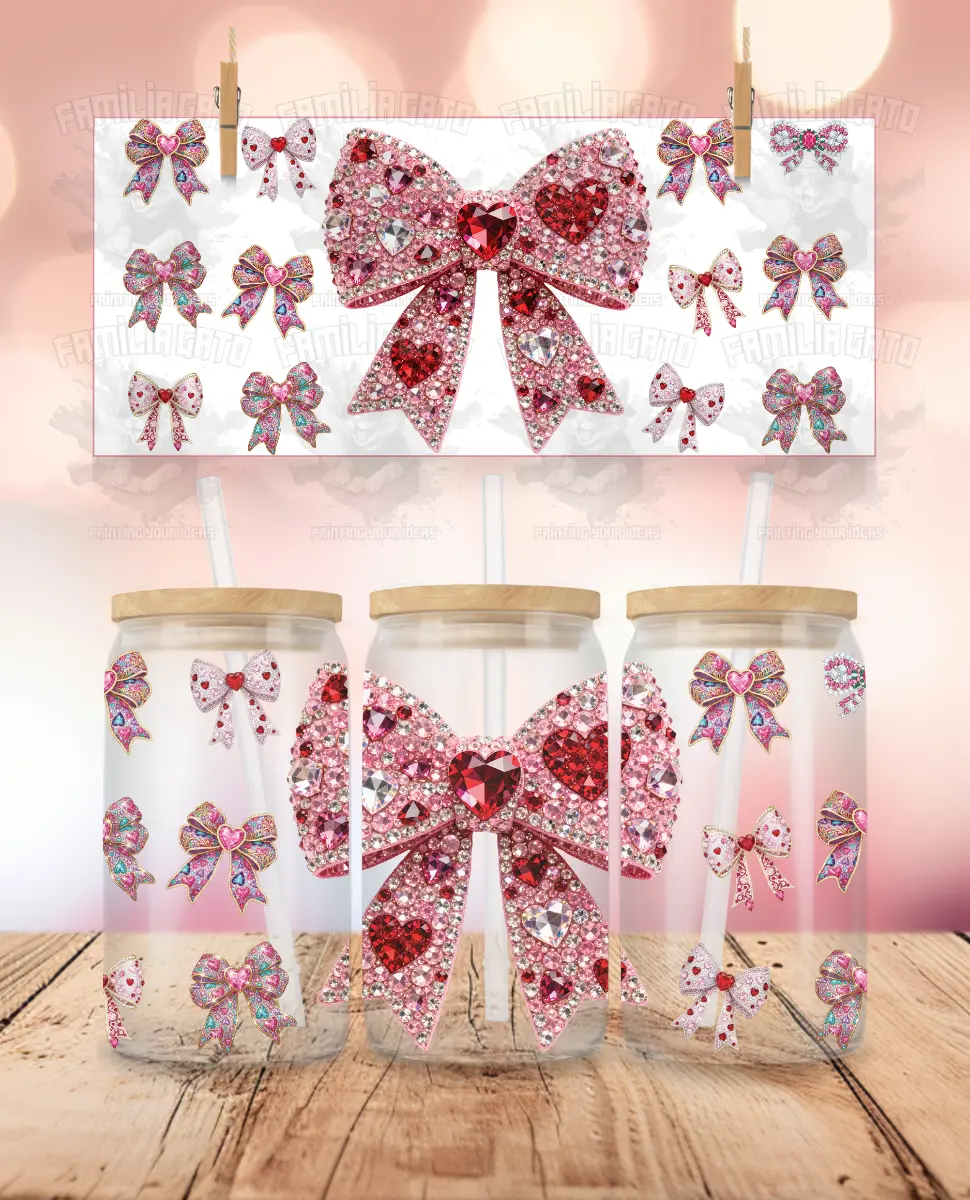 Valentine's Day UVDTF Sticker Wrap - Rhinestone Coquette Bows, 9.4" x 4.4" Waterproof Film, Water Resistant, Vivid Colors, Easy to Apply, Hand Wash Safe, for 16 oz Libbey Glass Cup (DIY Scrapbooking & Stamping Accessory)