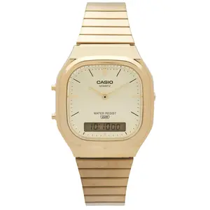 Original AQ240 Series Dual Display Watch, Polished Gold Tone Stainless Steel Metal Band Waterproof Men Women Classic Analog Digital Wrist Watch