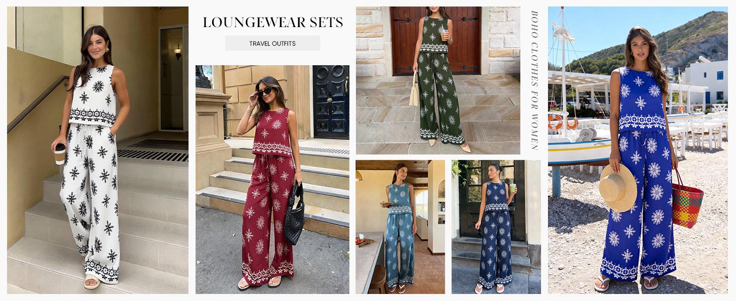PrettyGarden Women's Summer 2-Piece Lounge Sets Boho Floral Tank Tops Flowy Wide Peg Pants Travel Beach Vacation Outfits