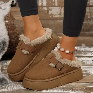 Women's Warm Plush Slip-On Shoes - Platform Mini Snow Boots with PlushCollar and Buckle Detail Indoor Outdoor Shoes