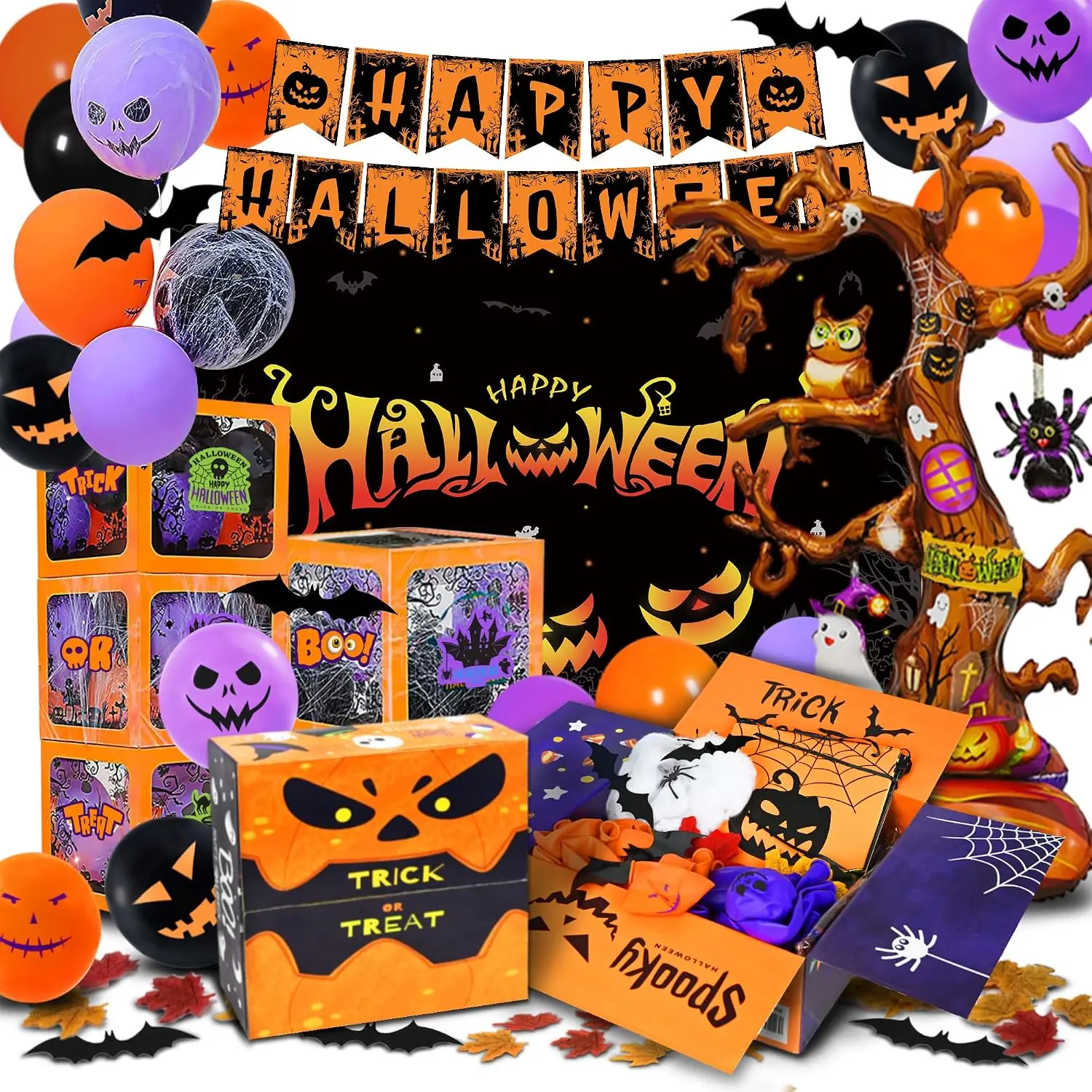 Halloween Party Decorations Kit - 4 Pcs Indoor-Outdoor Boxes with LED Light String, 43" Giant Balloons, Backdrop, Super Stretchy Webbing, Mixed Pattern Halloween Decor Set