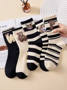 5-Pack Women’s Cartoon Bear Prints Mid-Calf Socks | Trendy Versatile Shoe Accessory
