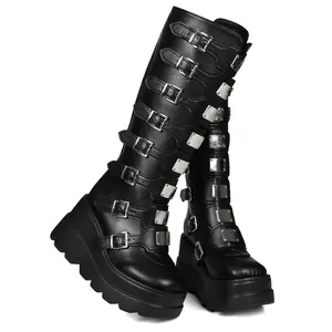 Women's Platform Knee High Goth Boots with Zip Round Toe Chunky High Heel Punk Mid Calf Combat Boots for Girl Walking Shoes