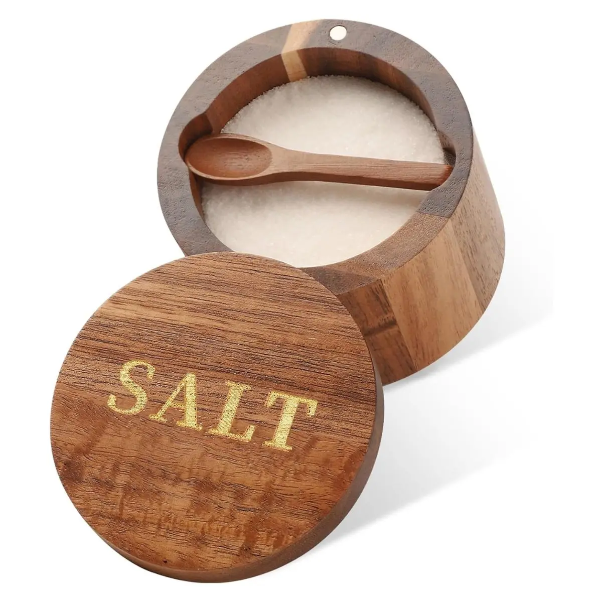 Acacia Wood Salt Cellar – Salt Box with Built-In Spoon & Swivel Lid for Kitchen Countertop
