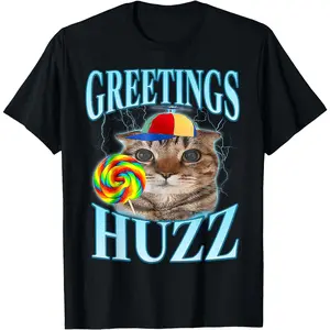 Men Cotton Graphic Tee Greetings Huzz Funny Gen Z Gen Alpha Silly T-Shirt Short Sleeve Tshirt