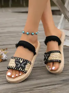Women's Bohemian Fringe Slide Sandals, Butterfly Applique Espadrille Slippers, Lightweight Non-Slip Summer for Beach & Casual Wear