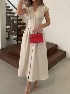 Women's Khaki V-Neck Puff Sleeve Ruffle Hem Cinched Waist Maxi Dress, Cinched Waist Puff Sleeve Casual Work Dress, Spring Summer Apparel, Casual Wear