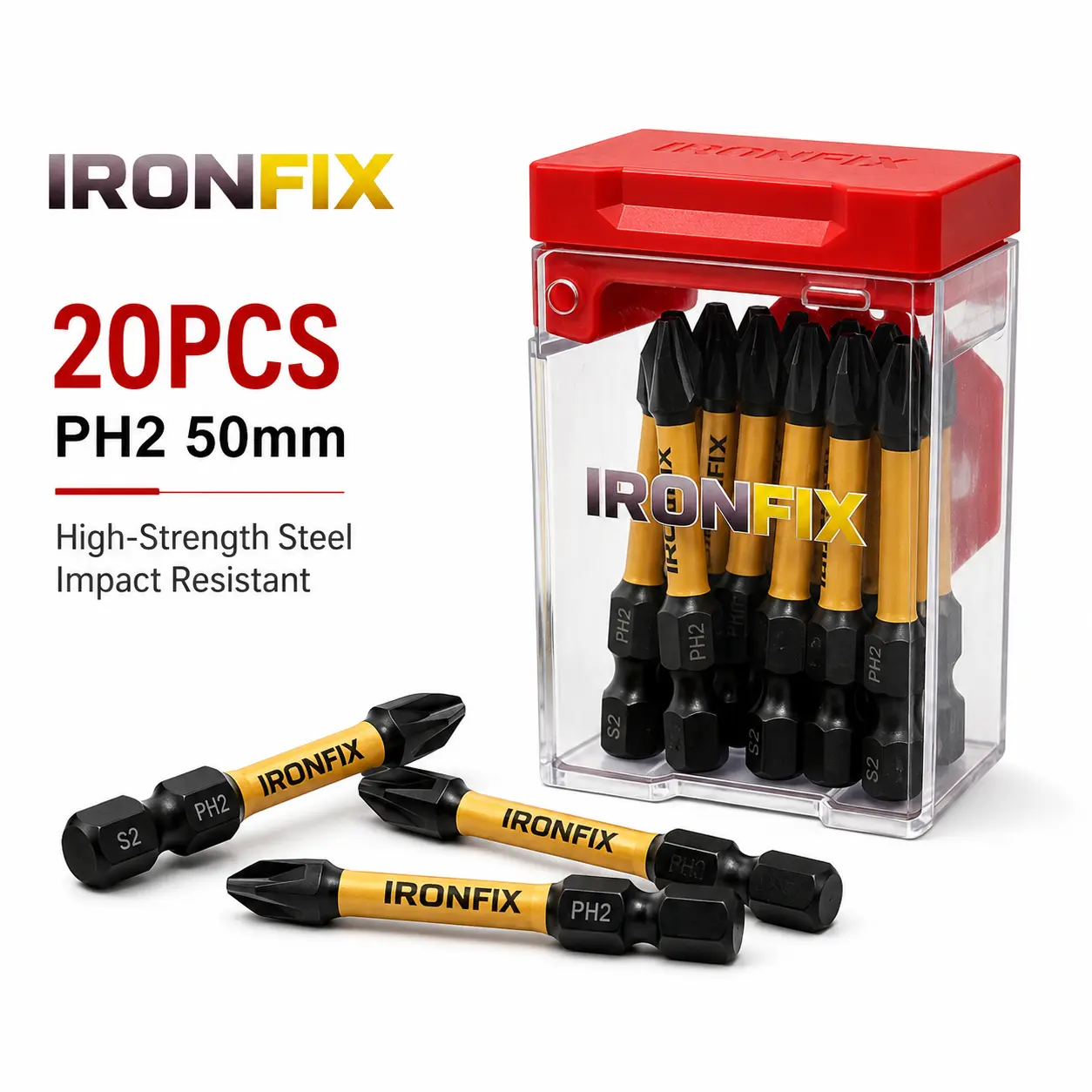 IRONFIX PH2 Impact Driver Bits, 50mm S2 Steel Magnetic Phillips Screwdriver Bits, Impact-Resistant Anti-Slip Drill Bits for Electric Drills, Impact Drivers, Home Repair and DIY
