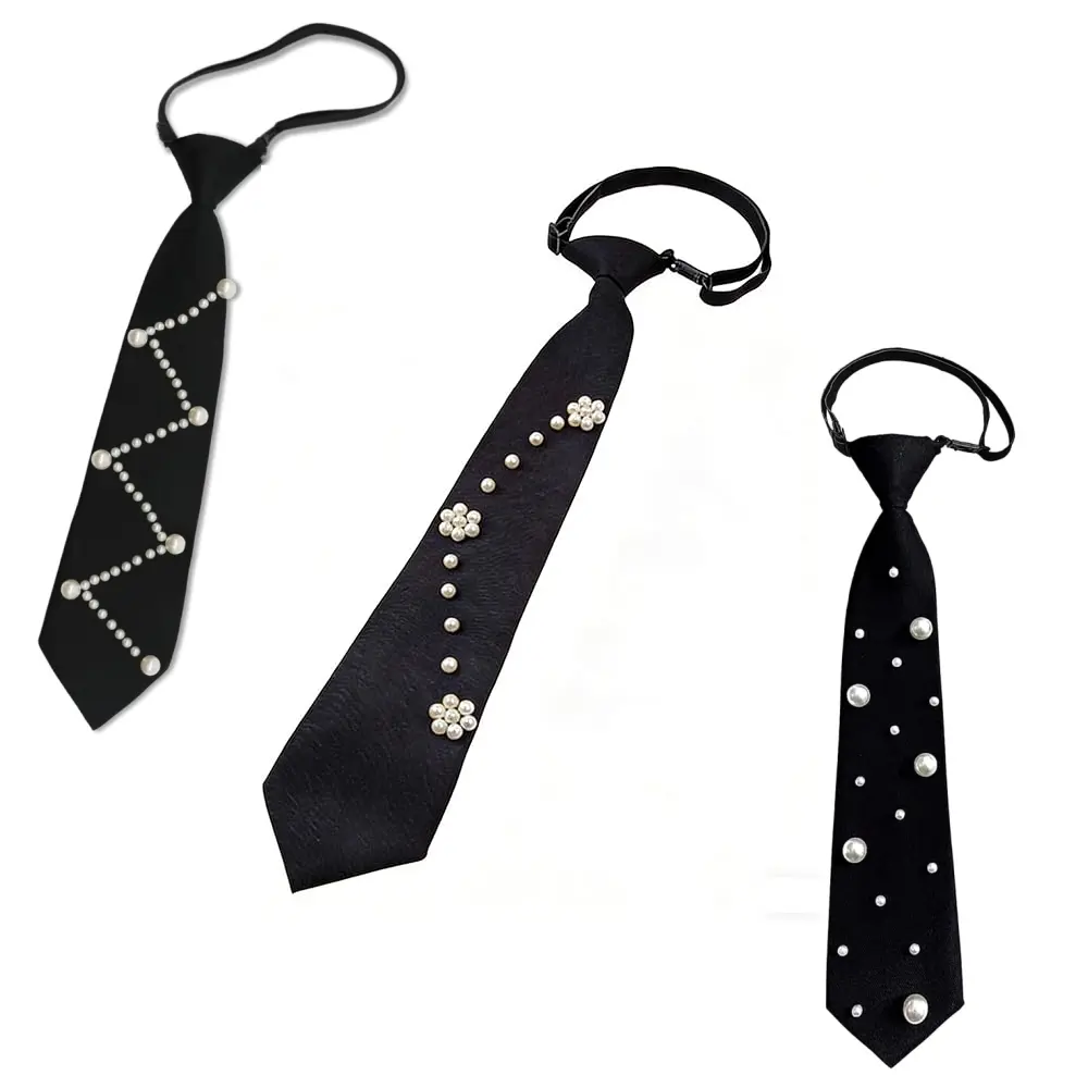 3-Pack Clip-On Black Polyester Pre-Tied Neckties with Artificial Pearls, 27x6.5cm Buckle-Adjust Strength Uniform Neckwear, Car Interior Decoration Accessory for School, Birthday, Anniversary